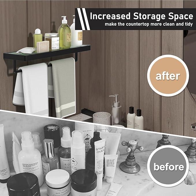 Floating Glass Shelves for Bathroom 20-in with Towel Bar/Tempered Glass Rectangular 1 Tier Organizer Shelf (Matte Black, 20'') - ModernBath