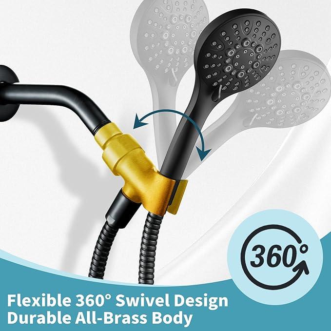 BRIGHT SHOWERS All Metal Handheld Shower Head Holder, Adjustable Shower Arm Mount with 360 Degree Rotatable Brass Ball Joint and Hose Connector, Universal Wall Hook Bracket, Matte Black - ModernBath