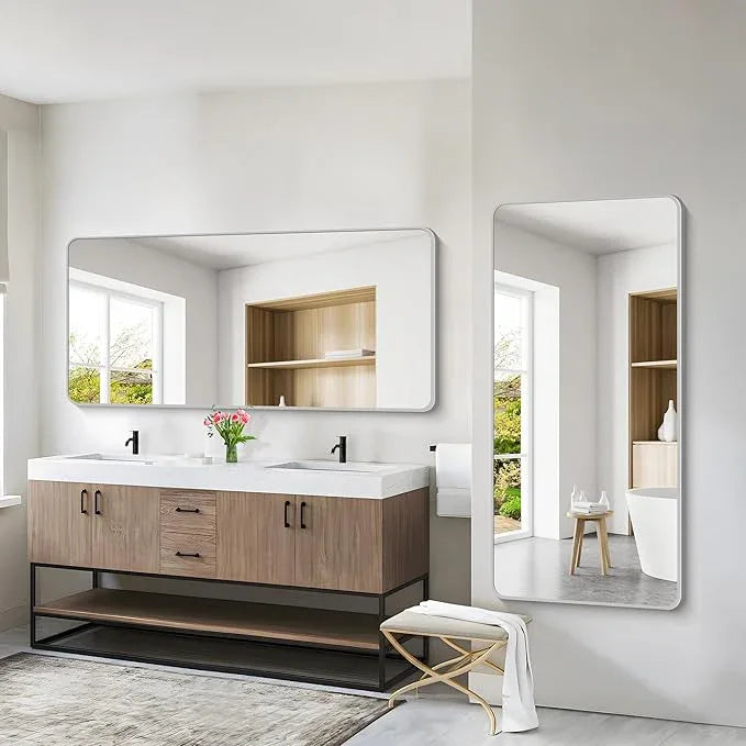 CIVENO 30x60 Inch Silver Bathroom Mirror, Large Rectangular Vanity Mirror, Metal Framed Rectangle Mirror, Rounded Corner Wall Mounted Mirrors for Living Room Bedroom Entryway Horizontal or Vertical - ModernBath
