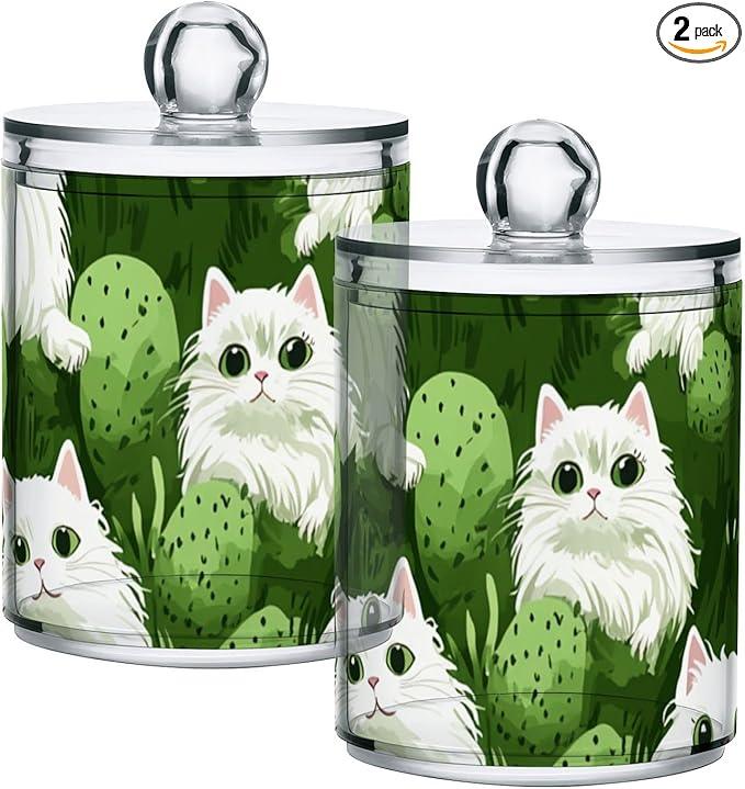 Tatenale Qtip Holder Bathroom Set Q tip Cotton Ball Swab Pad Dispenser Container Organizer Plastic Jars with Lids Storage 2Pack Green Cat and Cactus - ModernBath