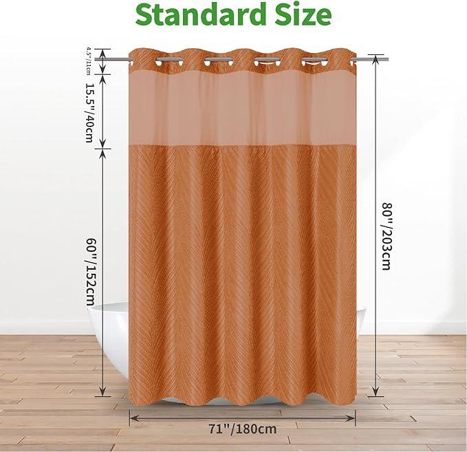 eachope no Hook Shower Curtain and Liner Set，Boho Style with See Through Top Window, BurntOrange Fabric Tufted Striped Textured Outer Curtain & Waterproof Inner Liner, Orange, 71Wx80H - ModernBath