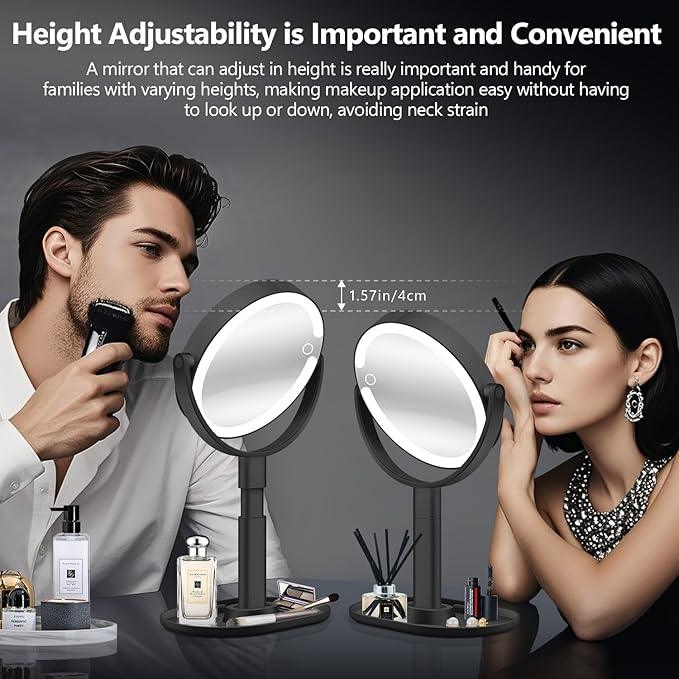 MIYADIVA Makeup Mirror with Lights, 30X Magnifying Mirror with Light and Touch Switch, Vanity Mirror with 3 Color Light and 80 LEDs, Height Adjustable Desk Mirror with Lights, Black - ModernBath