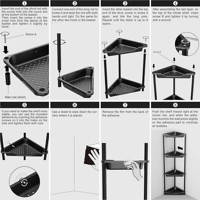 ODesign 4 Tier Corner Shower Caddy,Corner Shelf Stand for Living Room Bedroom Bathroom,Shower Table,Plastic Metal Splicing Ground Cabinet Storage Rack,Standing Shower Organizer Black - Rustproof - ModernBath