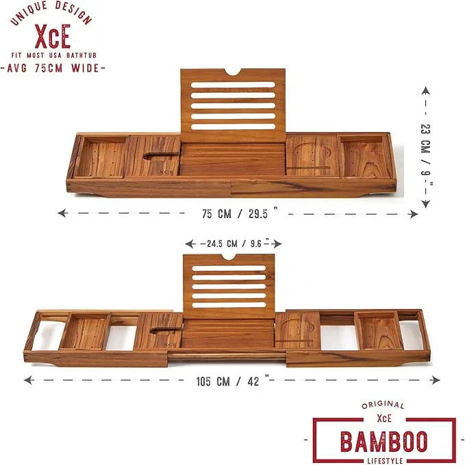 XcE Teak Bathtub Caddy Tray - Expandable to 41 Inches with Book Stand, Soap Holder & Anti-Slip Pads for Luxury Bath Spa, Teak - ModernBath