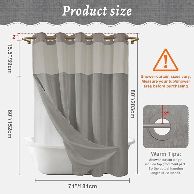 WONICY Long No Hook Shower Curtain with Snap in Liner, Polyester Textured Shower Curtain with Liner Set, Waterproof Washable Hotel Style Shower Curtains for Bathroom, 71Wx80H, Grey - ModernBath