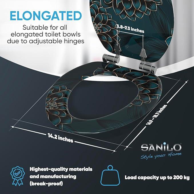 SANILO Wooden Toilet Seat with Soft Close [ELONGATED] - Decorative, Quiet & Slow Close Molded Wood Seat - With Strong Bumpers & Hinges - Adjustable Fit - Dahlia - ModernBath