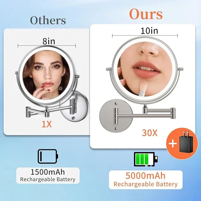 FUNTOUCH 9" 5000mAh Rechargeable Wall Mount Makeup Mirror with Lights, 30X/1X Magnifying Double Sided Mirror, 3 Color Lights,Touch Dimmable, 360 Rotation Extended Arm with Adapter,Brush Nickel - ModernBath