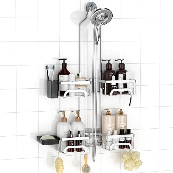 REINHARDT Adjustable Shower Caddy Hanging Split Shower Caddy for Handheld Showerheads, Rustproof Shower Organizer with Hooks for Razor Over the Head Caddy with Soap Holder Bathroom Accessories, Silver - ModernBath