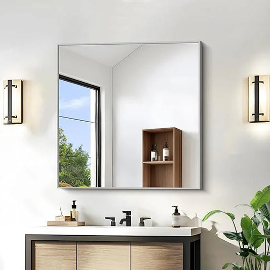 KOCUUY Silver Framed Mirror, 30"x30" Rectangle Bathroom Mirror for Wall, HD Tempered Glass, Anti-Rust Brushed Silver Frame, Modern Design for Bathroom, Bedroom, Living Room, Entryway - ModernBath