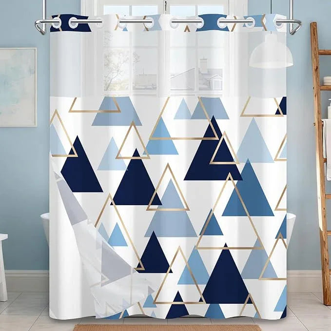 NAEMBCU No Hook Geometric Shower Curtain with Snap-in Liner, Blue and Gold Triangle Bath Curtain with See Through Top, Waterproof Double Layer for Bathroom Decor, 71 x 74 Inch - ModernBath