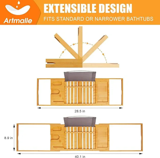 Artmalle Luxury Bathtub Caddy Tray for Tub - Foldable Bamboo Bath Table Tray with Book and Wine Glass Holder, Expandable Bathroom Accessories for Spa or Reading Lite Style - ModernBath