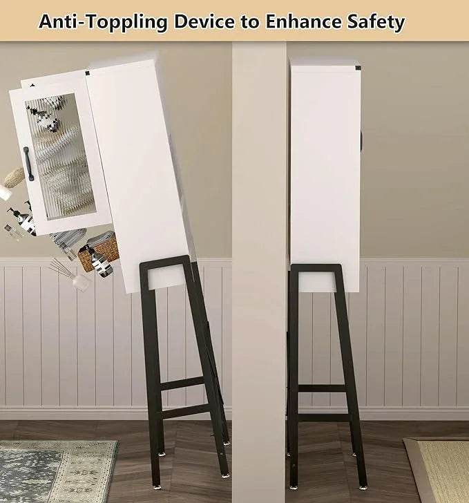Over The Toilet Storage Cabinet with Tempered Glass Doors & Metal Stand, Over Toilet Organizer with Adjustable Shelf Space Saver Over Toilet , Tall Freestanding Shelf/Rack for Bathroom, Modern, White - ModernBath