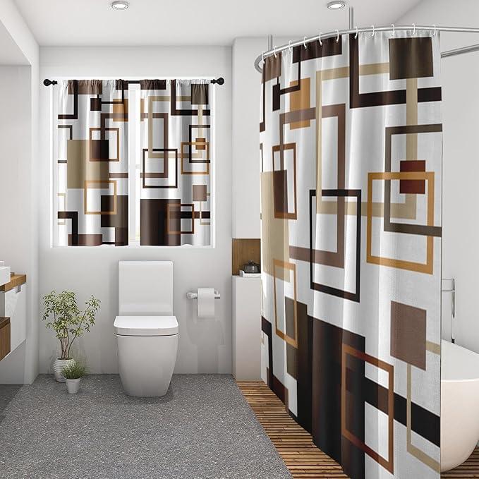 Culudea Geometric Vintage Brown Shower Curtain Set, Abstract Modern Line Bathroom Window Waterproof Shower Curtain Set for Bathroom Decor - ModernBath