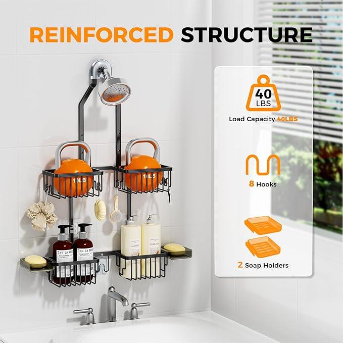 REINHARDT Aluminum Shower Caddy Hanging Adjustable Shower Caddy, Rustproof Hanging Shower Organizer with Hooks Soap Holders, Over Shower Head Caddy for Handheld Showerhead, Black - ModernBath
