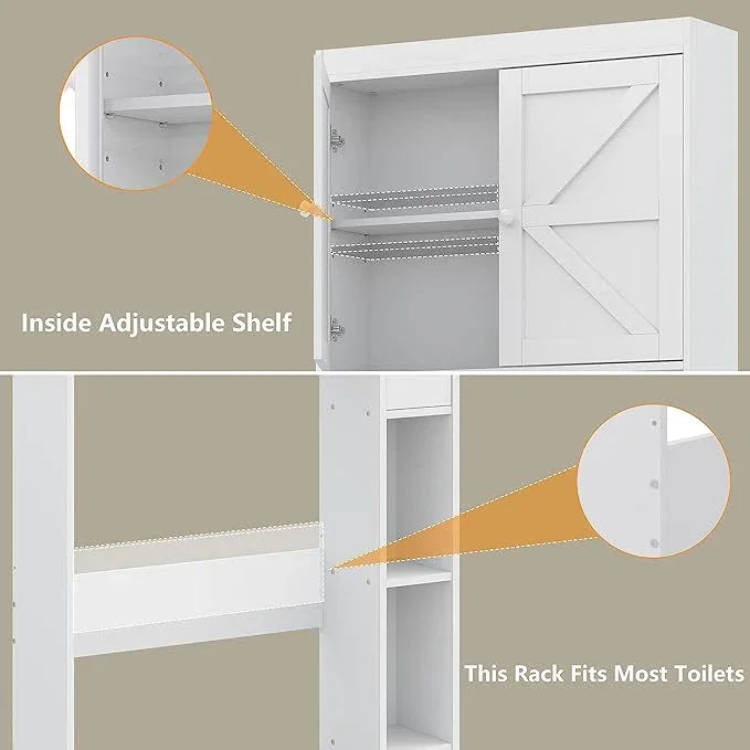 Furnideco Over The Toilet Storage Cabinet with Barn Doors, 32.3''W Free Standing Toilet Storage Shelf Space Saver with Adjustable Bottom Bar, White - ModernBath