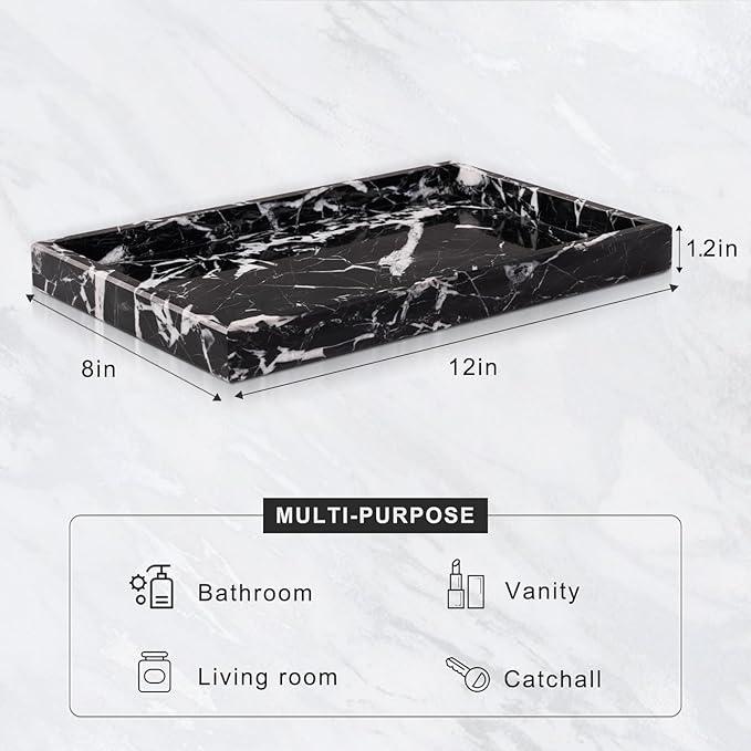 Homaura Marble Bathroom Tray for Countertop & Home Decor, Natural Decorative Marble Tray for Jewelry & Perfume Organizer, Luxury Stone Vanity Trays for Dresser, Kitchen Counter, 12" x 8", Black - ModernBath