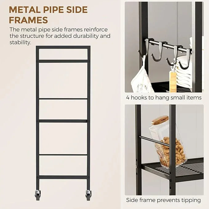 3-Tier Metal Storage Rack with Industrial Wheels,Mesh Shelving Unit with Wooden Table top,Adjustable Shelf,31.5-Inch Width, for Kitchen, Laundry,Pantry,Plant,Black - ModernBath
