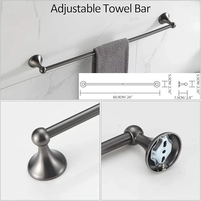 BGL Bathroom Hardware Set Grey Electroplating 4-Piece Bathroom Accessories Set Wall Mounted Adjustable Towel Bar Robe Hook Toilet Paper Holder Towel Ring Glossy Grey - ModernBath