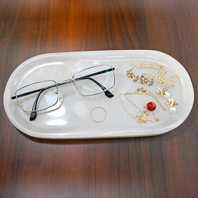 SWRONP Marble Tray for Kitchen Counter & Bathroom Countertop,Stone Vanity Tray for Dresser Decor,Small Storage Tray for Perfumes, Jewelry,Candles,Durable & Waterproof(White) - ModernBath