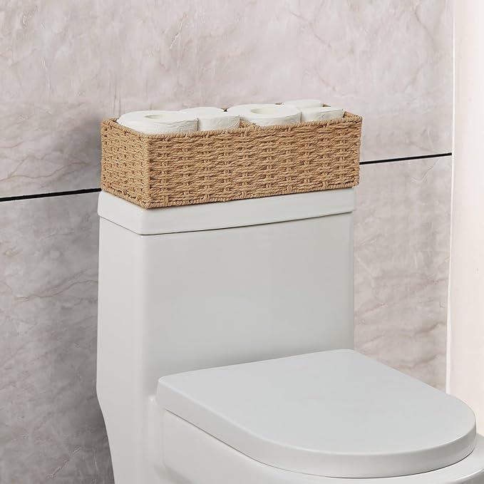 Vagusicc Set of 2 Wicker Storage Basket for for Shelves, Baskets for Organizing, Toilet Paper Basket for Toilet Tank Top, 2-Section, Natural - ModernBath