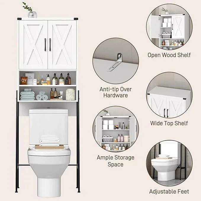 Vabches Over The Toilet Storage Cabinet, Farmhouse Over Toilet Storage Cabinet, Metal Frame with 2 Barn Doors, Home Space-Saving Toilet Rack for Bathroom, Toilet, Laundry Room - ModernBath