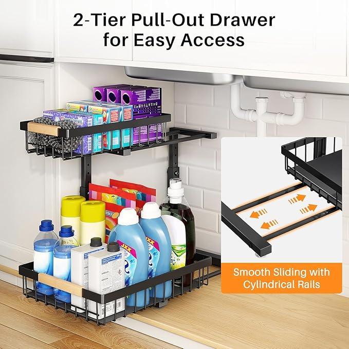 PXRACK 2 Pack Under Sink Organizer,Adjustable Height,2 Tier Pull Out Under Cabinet Organizer,Slide Out Thickened Metal Under Sink Storage for Kitchen Bathroom Laundry Cabinet Pantry,Black(L) - ModernBath