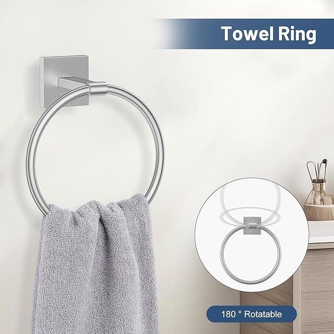 TURS 5-Pieces Brushed Nickel Bathroom Hardware Set 23.6 Inch SUS304 Stainless Steel Towel Bar Set Wall Mounted Square Toilet Paper Holder with Shelf - ModernBath