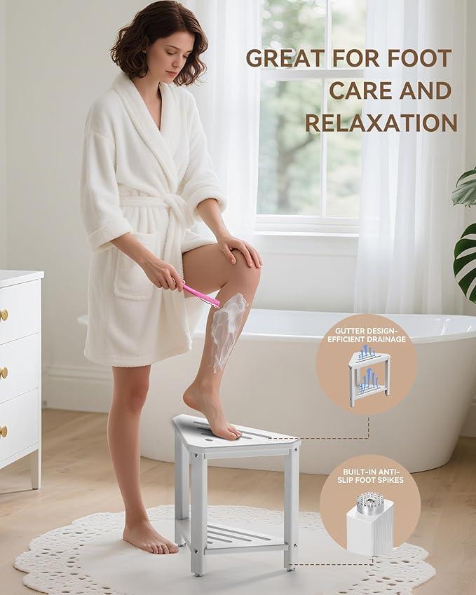 Shower Foot Rest 15in, HDPE Waterproof Shower Stool for Inside Shower, Corner Shower Stool for Shaving Legs with Storage Shelf for Small Space, Shower Step Stool, Plastic Corner Shower Bench, White - ModernBath