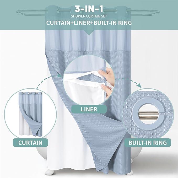 eachope ForstBlue No Hook Waffle Weave Shower Curtain with snap-in Liner Replacement, 230GSM Waterproof Fabric Hotel Shower Curtain Set for Bathroom, Through Mesh Top Window,54Wx80H - ModernBath