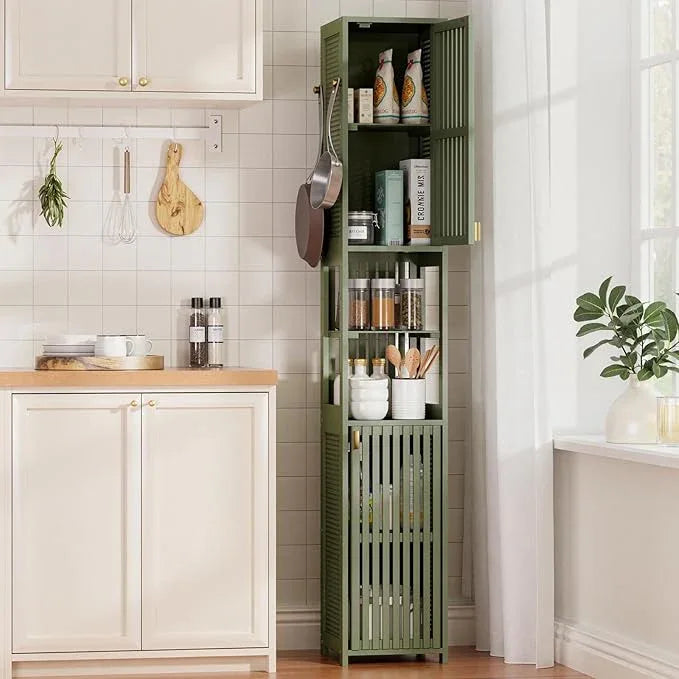 Amazer 70'' Tall Bathroom Storage Cabinet Bamboo, Slim Storage Cabinet with Rattan Door and Adjustable Shelves, Narrow Freestanding Organizer for Living Room Kitchen, Forest Green - ModernBath