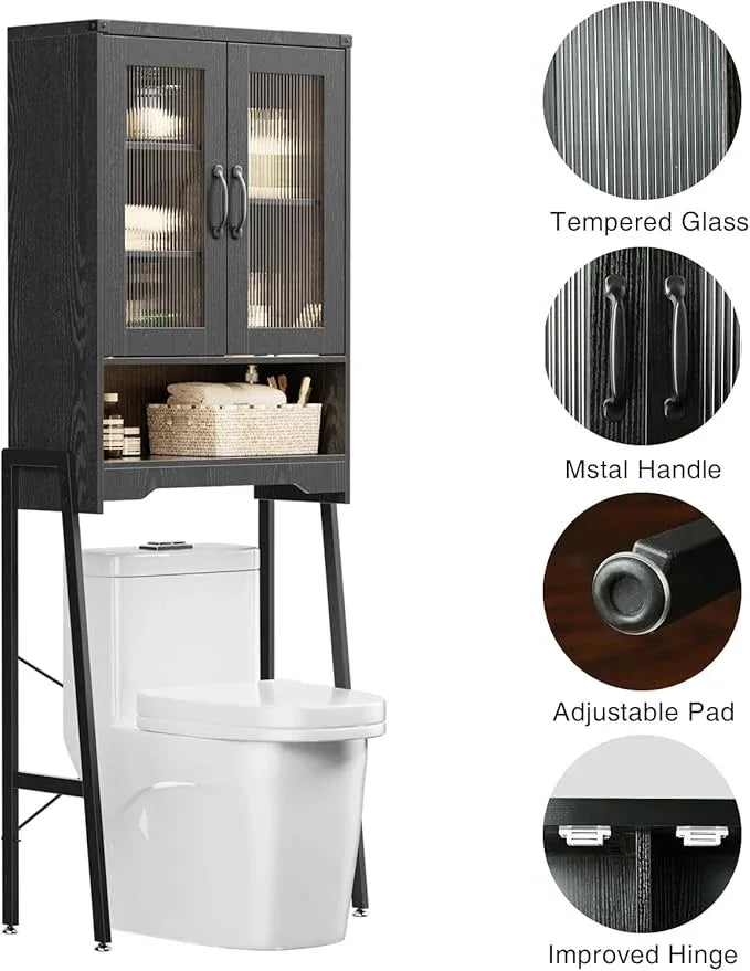 Over The Toilet Storage Cabinet with Tempered Glass Doors & Adjustable Shelf, Bathroom Organizer with Metal Stand Space Saver Over Toilet , Tall Freestanding Shelf/Rack for Bathroom, Black - ModernBath