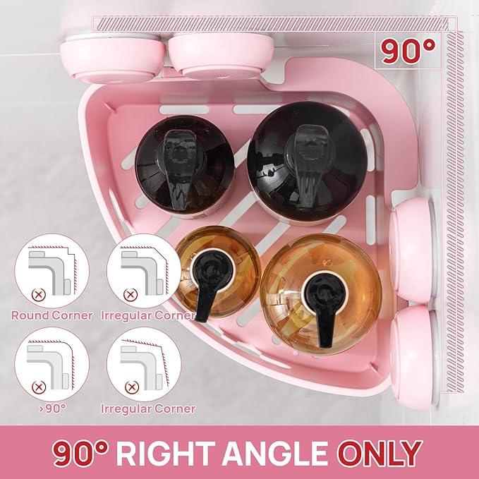 LEVERLOC Corner Shower Caddy Suction Cup, Shower Caddy Basket Powerful Suction Bathroom, Waterproof & Rustproof Organizer for Bathroom Storage, No-Drilling Removable (Pink) - ModernBath