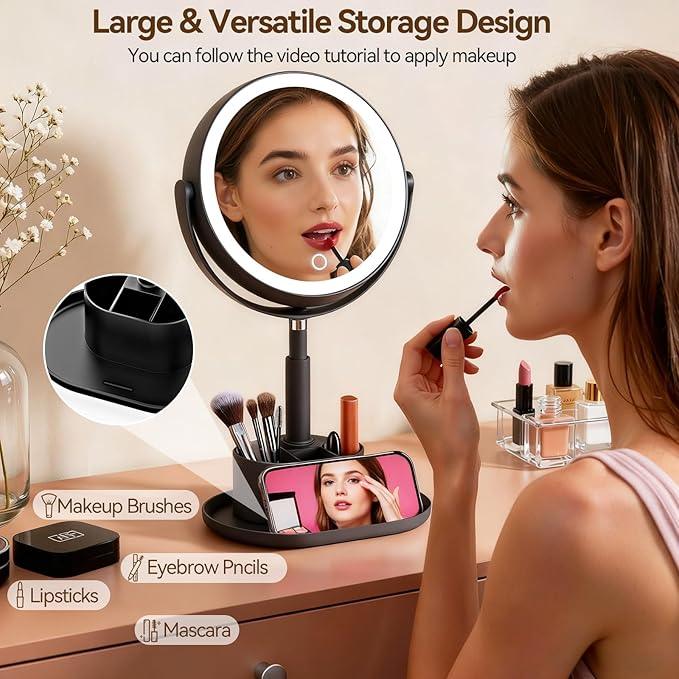 Shinowa Makeup Mirror with Lights, 1X/20X Lighted Magnifying Mirror with Storage for Makeup & Jewelry, 2-Sided Height Adjustable Vanity Mirror with 3 Color Lights, 360° Rotation & Rechargeable, Black - ModernBath