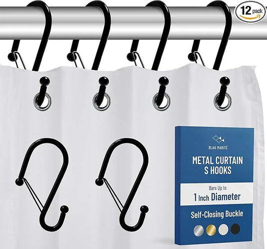 Blau Marité Set of 12 Black Metal S Hook Shower Hooks 1” – Closed, Heavy Duty, Long Decorative Shower Curtain Hooks, Easy Glide, Buckle, Large Rust Resistant Rings for Bathroom Rods (Black, S) - ModernBath