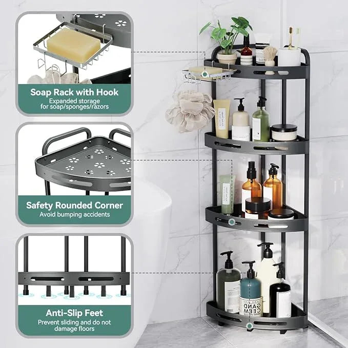 Corner Shower Caddy Stand, 4 Tier Standing Shower Organizer with Soap Holder, Rustproof Shower Shelves for Bathroom Shampoo Storage, Grey - ModernBath