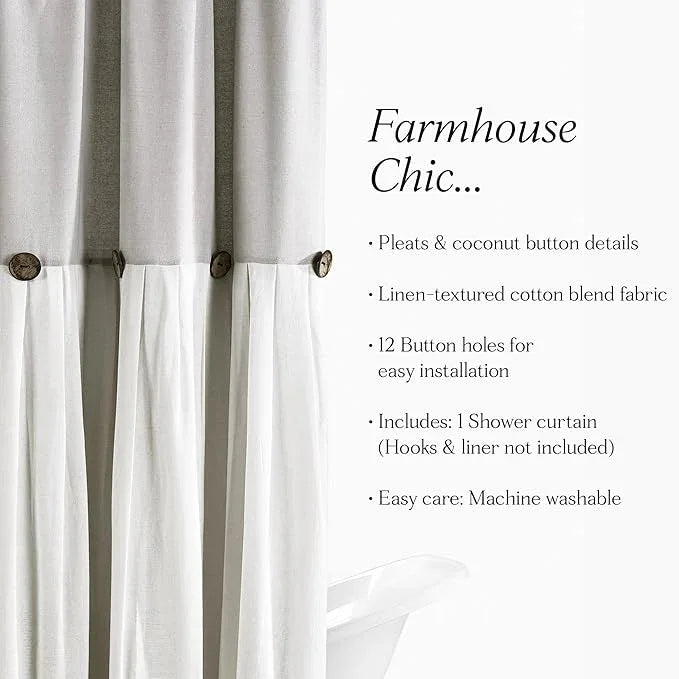 Lush Decor Linen Button Shower Curtain, 72" W x 84" L, Gray & Off White - Extra Long Shower Curtains - Gray Shower Curtain Fabric - Farmhouse Bathroom Decor - ModernBath
