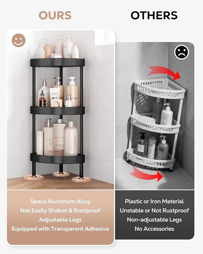 Nieifi Corner Shower Caddy Stand-3 Tier Rustproof Anodized Aluminum Standing Shower Organizer-Shower Caddy Corner-Dual Stability to Anti-Shaking-Height-Adjustable Legs for Uneven Surfaces-Black - ModernBath