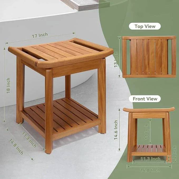 17" Teak Shower Chair with Storage Shelf & Handle, Non-Slip Waterproof Wooden Shower Bench, Stable Bathroom Seat and Heavy Duty Shower Stool for Tub or Indoor Use, Ideal for Elderly, Recovery - ModernBath
