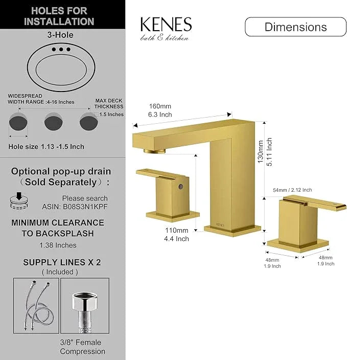 KENES Brushed Gold Widespread Bathroom Faucet 2 Handle Bathroom Sink Faucets 3 Hole, Gold 8-Inch 3 Pieces Vanity Lavatory Faucet with Supply Lines, KE-9050-4 - ModernBath