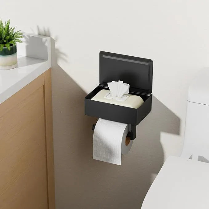 FORIOUS Toilet Paper Holder with Shelf, SUS304 Stainless Steel Wall Mount Toilet Paper Roll Holder, Flushable Wipes Dispenser Fits for Bathroom Wipe Storage, Bathroom Organizer (Matte Black) - ModernBath