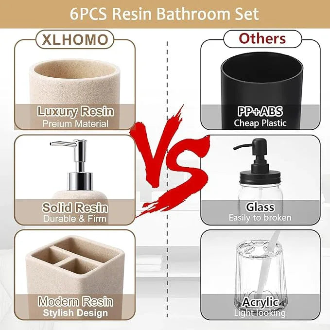 Resin 6 Pcs Beige Bathroom Set Complete with Toothbrush Holder, Lotion Soap Dispenser, 2 Qtip Holder Dispensers,Vanity Tray,Bathroom Tumbler - Countertop Vanity Organizer - Bathroom Accessories Set - ModernBath