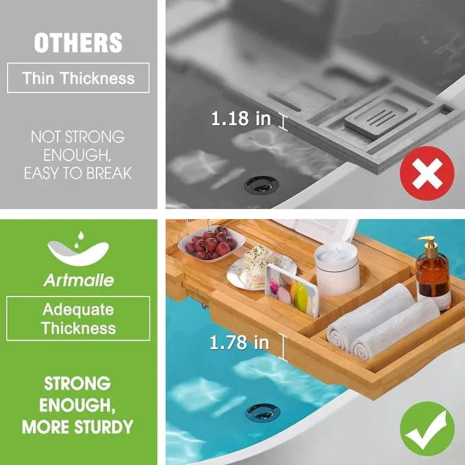 Artmalle Bathtub Caddy Tray for Tub,Foldable Bamboo Bath Table Tray with Book and Wine Glass Holder, Free Soap Dish Suitable for Luxury Spa or Reading,Natural - ModernBath
