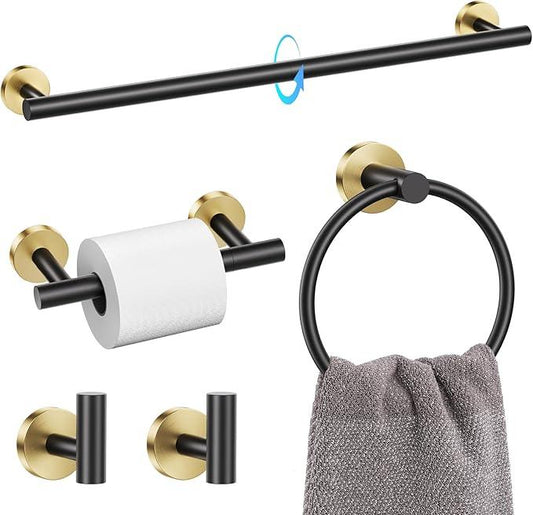 TQKAG Black and Gold 5 Piece Bathroom Hardware Accessories Set 23.6" SUS304 Stainless Steel Bathroom Towel Bar Holder Sets Double Post Pivoting Toilet Paper Holder Set Wall Mounted - ModernBath