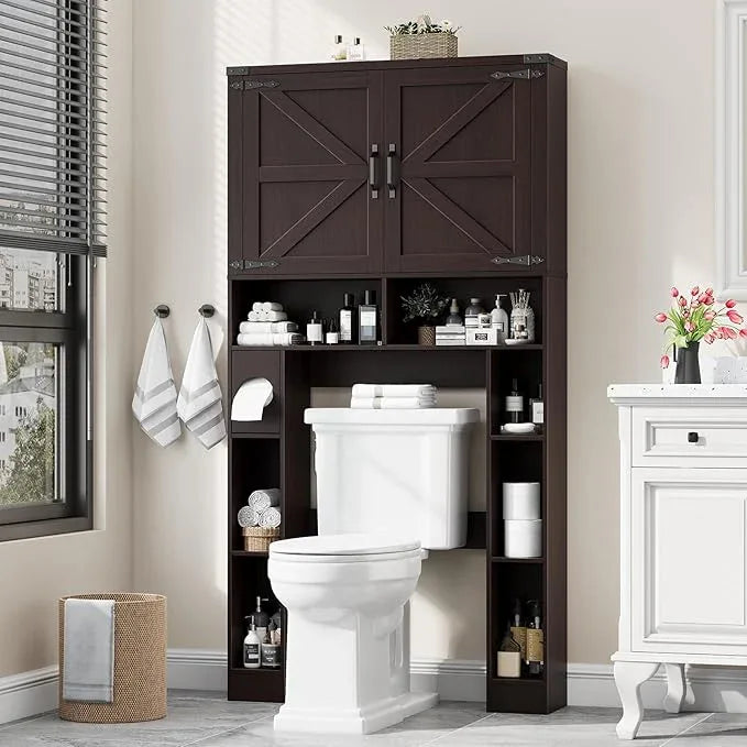 Vabches Over The Toilet Storage Cabinet, Farmhouse Storage Cabinet Over Toilet with 2 Barn Doors ，Toilet Paper Holder Stand，Home Space-Saving Toilet Rack, for Laundry, Restroom, Bathroom(Walnut) - ModernBath