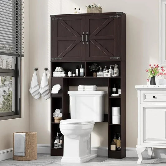 Vabches Over The Toilet Storage Cabinet, Farmhouse Storage Cabinet Over Toilet with 2 Barn Doors ，Toilet Paper Holder Stand，Home Space-Saving Toilet Rack, for Laundry, Restroom, Bathroom(Walnut) - ModernBath