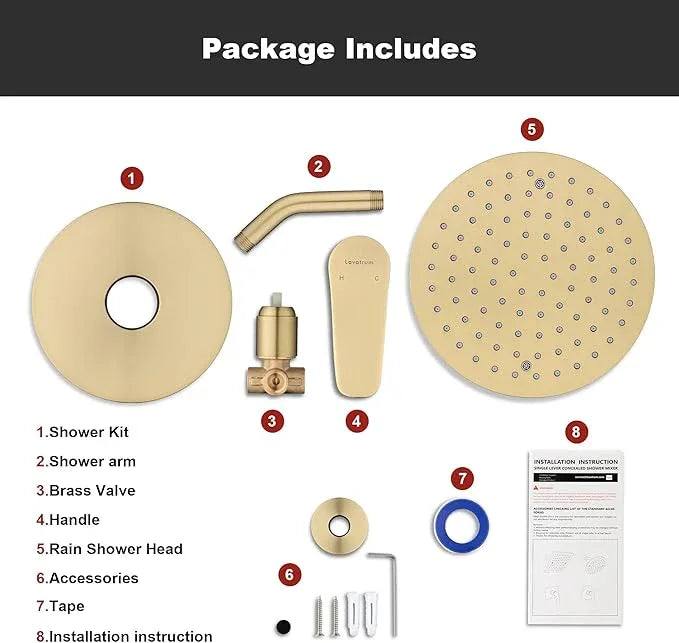 Lavatrum Brush Gold Shower Head and Handle Set Single Spray Premium Wall Mount 8 Inch Rainfall Round Shower Faucet with Rough-in Valve and Trim Kit for Bathroom（1.8GPM) - ModernBath
