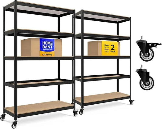 HOMEDANT House 5-Tier Metal Rolling Cart Shelf Rack Casters Heavy Duty Laminated Wheel Shelving Unit Adjustable Utility Storage Shelves Organizer Shelf Kitchen Garage (2, (L) 48.1" W, Black) - ModernBath
