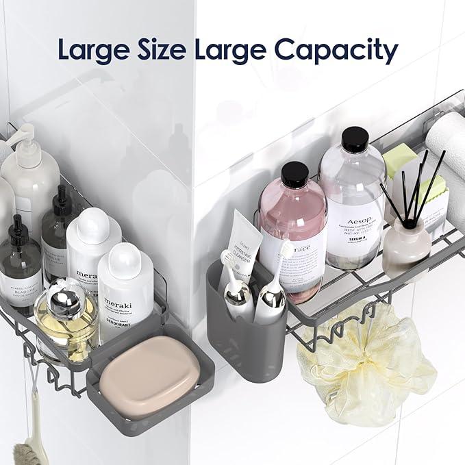 Shower Caddy Adhesive Shower Organizer 7-Pack, Rustproof Stainless Steel Bathroom Shelves, Large Capacity No-Drill Rack Storage Accessories with Soap Dish Toothbrush Holder Hooks (Gray) - ModernBath
