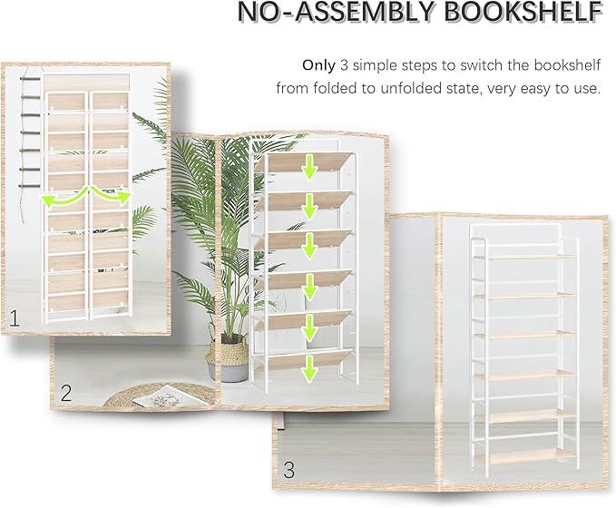 4NM No Assembly 6 Tiers Folding Bookshelf Storage Shelves Vintage Bookcase Standing Racks Study Organizer Home Office (Natural White) - ModernBath