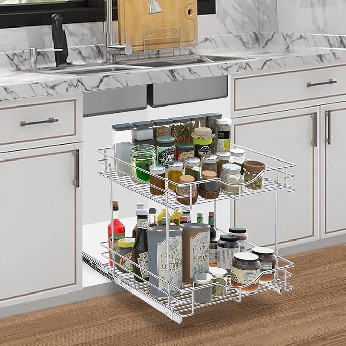 FULGENTE Chrome Finish Pull Out Drawer Cabinet Organizer 2 Tier (14" W X 18" D) Sliding Drawers For Kitchen Cabinets Cookware Organizer Drawer For Cabinet Slide Out Shelves - ModernBath